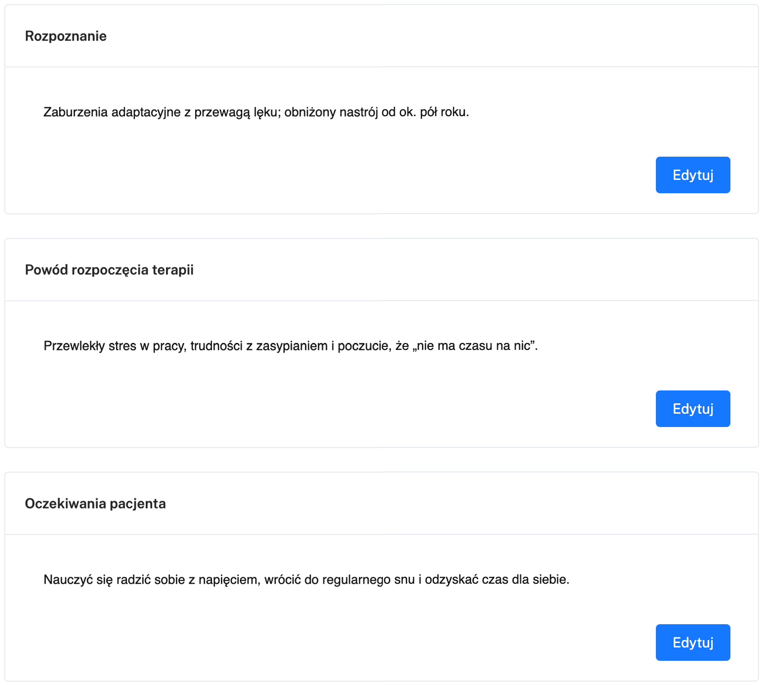 Rozpoznanie, powód rozpoczęcia terapii i oczekiwania pacjenta w karcie pacjenta
