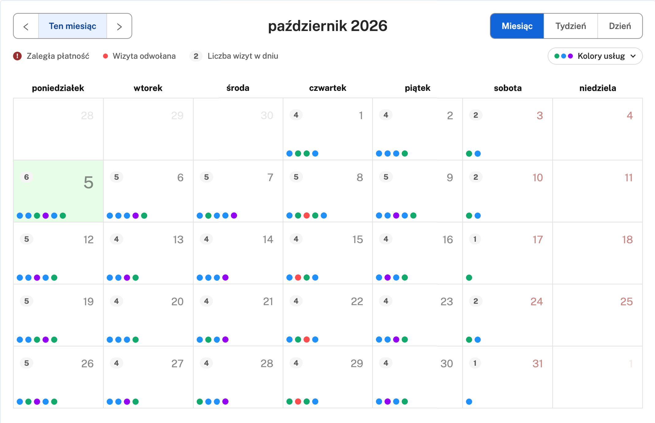 Widok miesiąca z liczbą wizyt przy każdym dniu