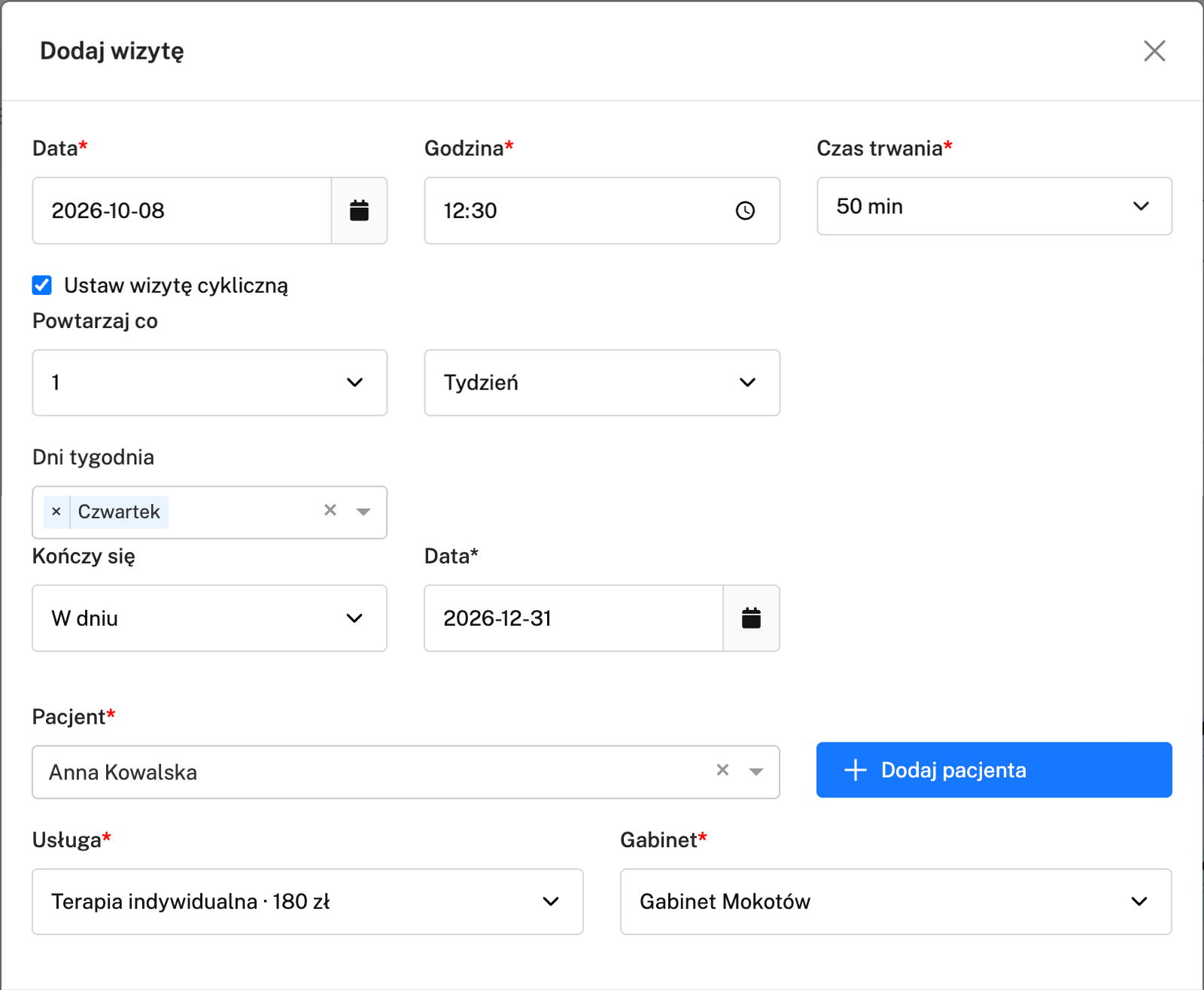 Okno dodawania wizyty z zaznaczonym spotkaniem cyklicznym